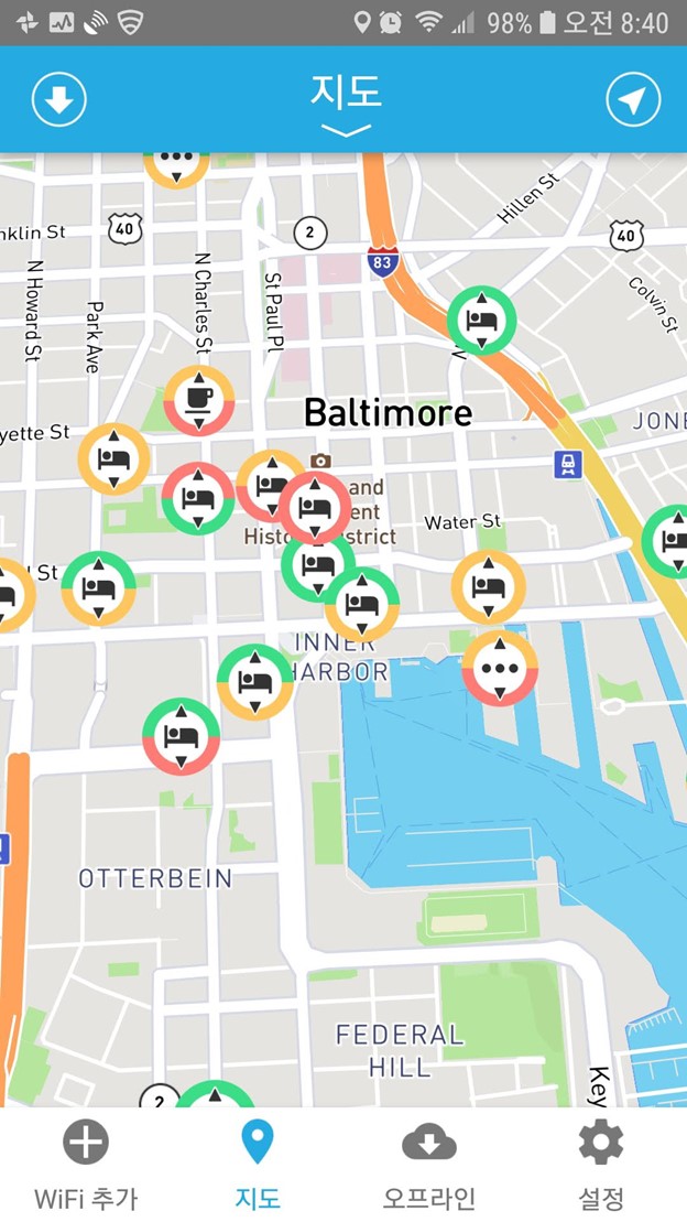 Figure 3. Screenshot by author of public wifi networks in Baltimore visualized through the “WifiFinder” app