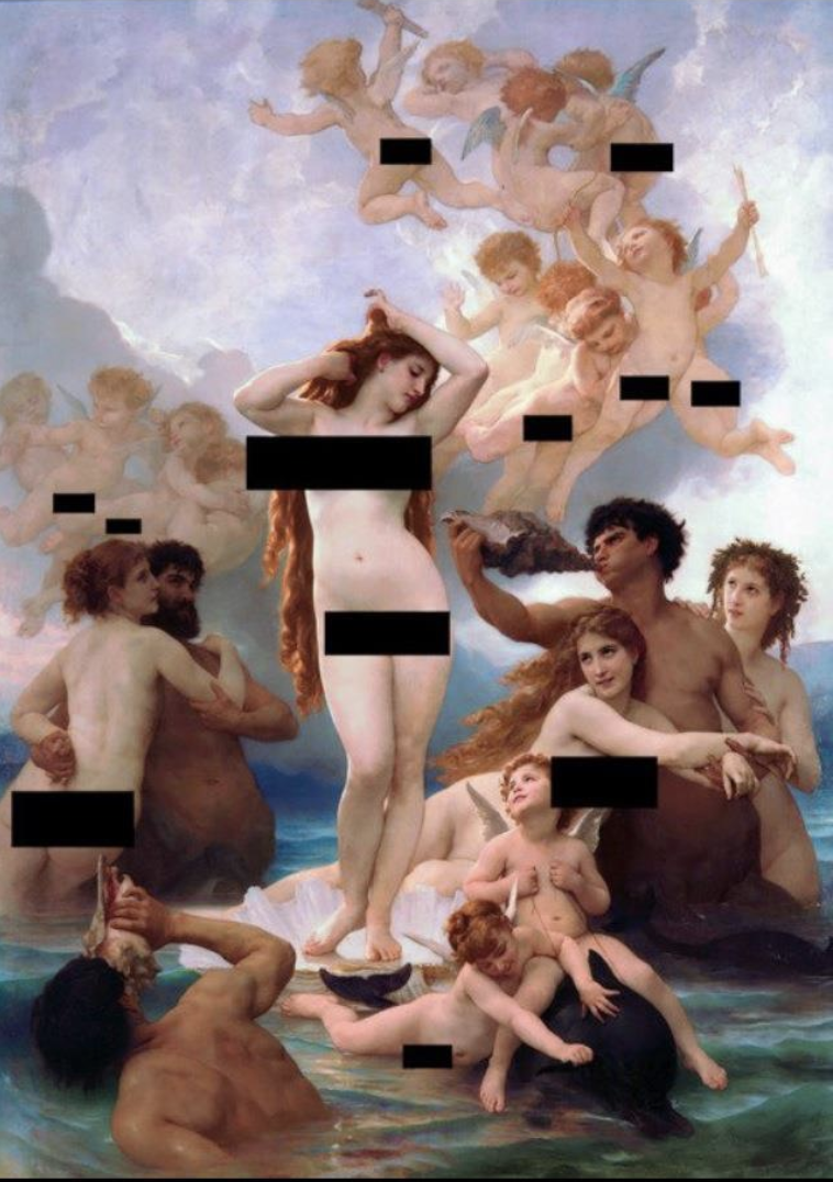 The Birth of Venus by William-Adolphe Bougereau edited with black bars over the nude figures